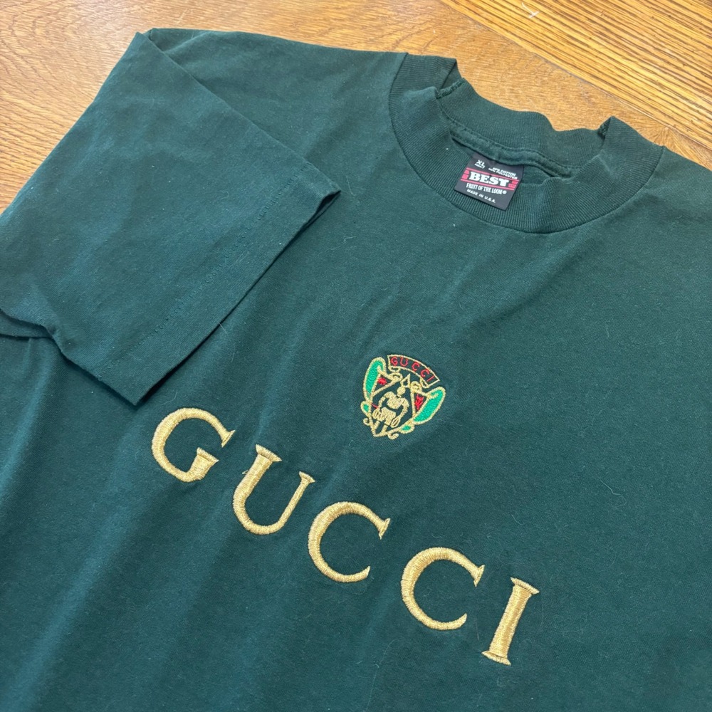Vintage 90s Fruit of the Loom Bootleg Gucci Embroidered Tee XL Green Made in USA